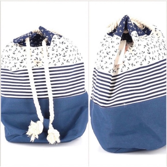 1 LEFT! Nautical Navy Ivory Beach Bucket Bag Tote Vacation Bag - Picture 5 of 7